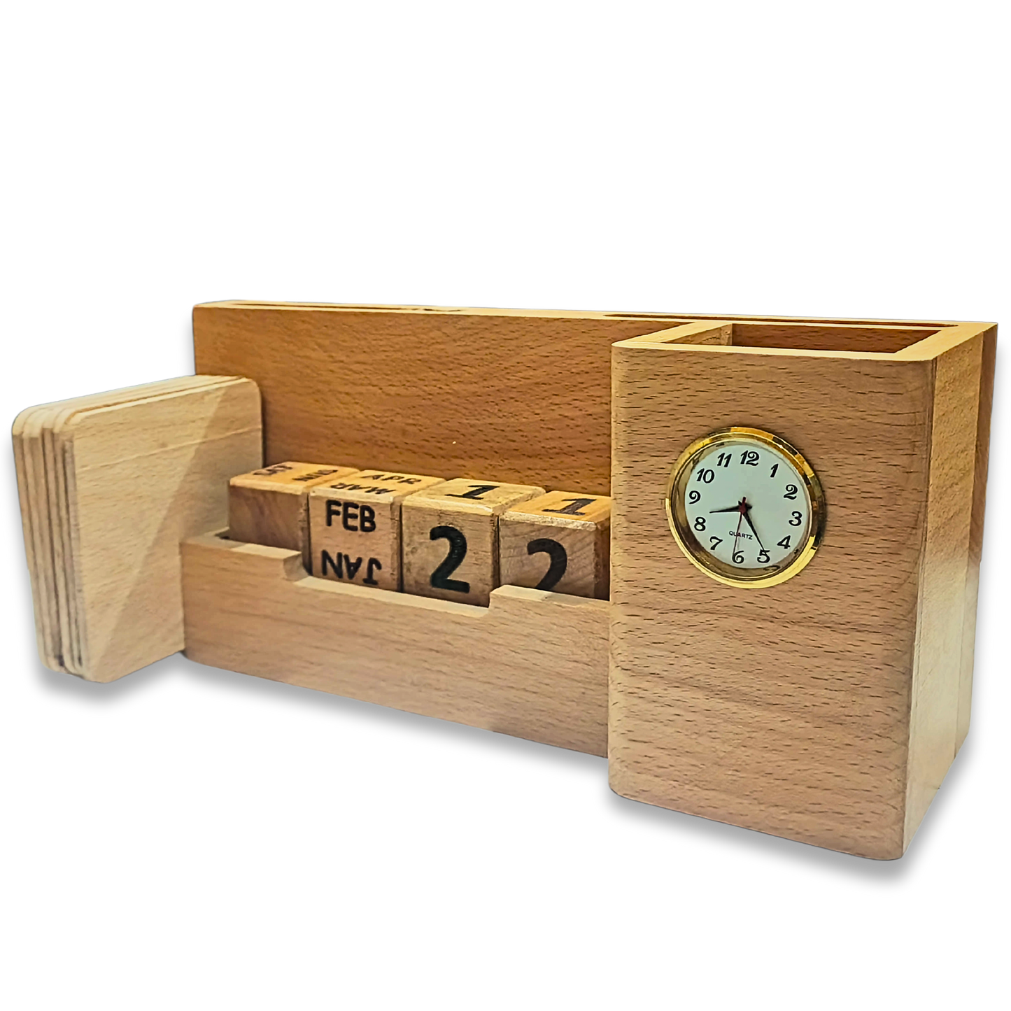 6-in-1 Wooden Table Organizer - Forever Calendar, Clock & Pen Holder Plus Free Visiting Card Holder | Your Desk’s Overachieving BFF (Holds Cards, Phones & Tea Too!) ☕⏳ No More ‘Where’s My…?’ Moments!