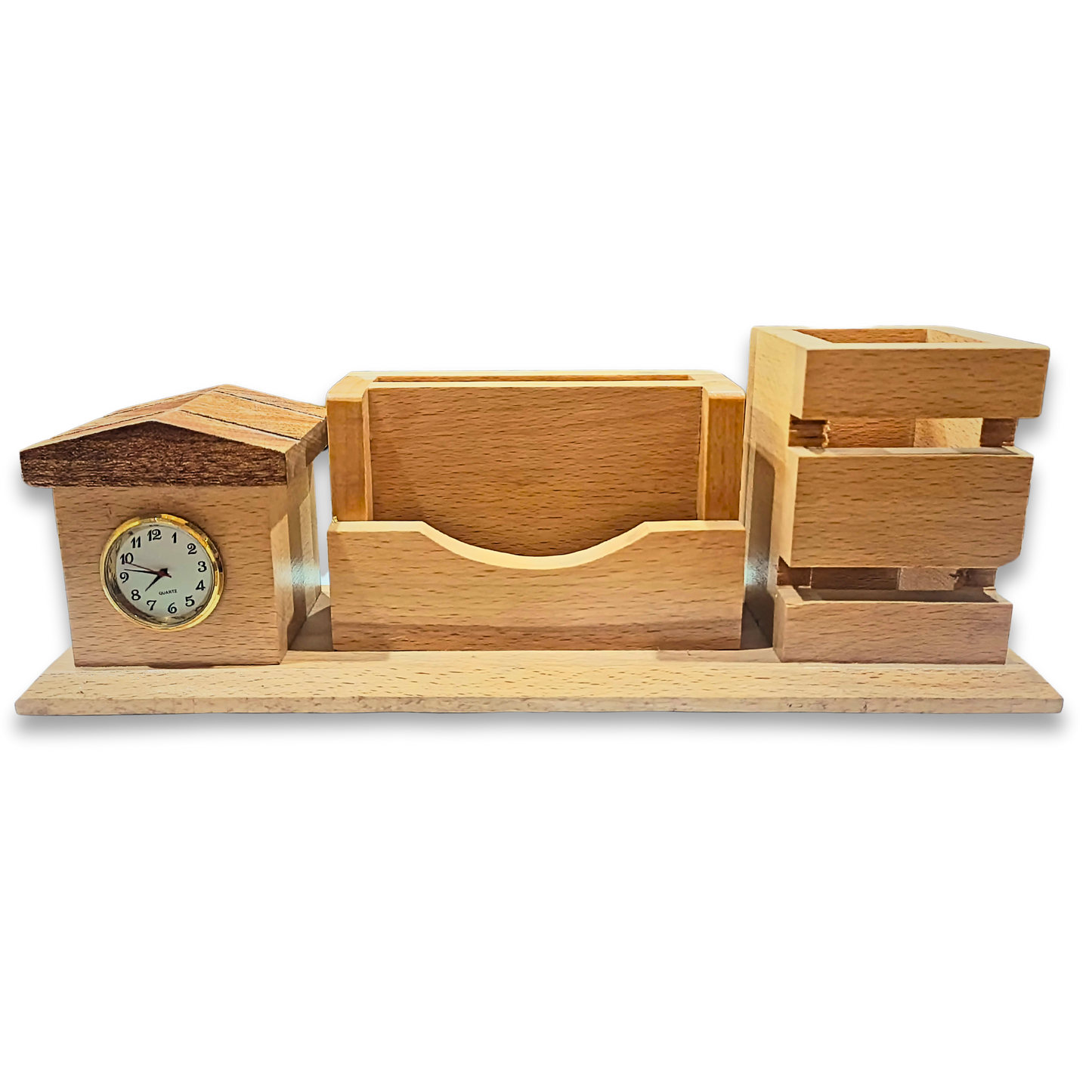 Wooden Table Clock Multitasker - Pen Holder, Mobile Stand & Card Organizer & Free Card Holder| Your Desk’s Swiss Army Knife (Minus the Pocketknife Drama) ⏰✨ No More Boring Desks!