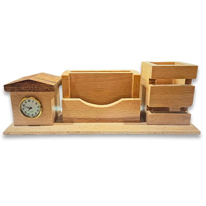 Wooden Table Clock Multitasker - Pen Holder, Mobile Stand & Card Organizer & Free Card Holder| Your Desk’s Swiss Army Knife (Minus the Pocketknife Drama) ⏰✨ No More Boring Desks!