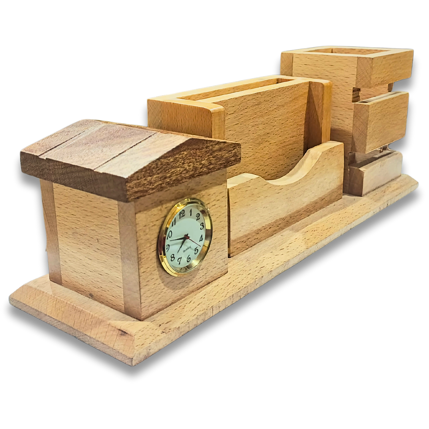 Wooden Table Clock Multitasker - Pen Holder, Mobile Stand & Card Organizer & Free Card Holder| Your Desk’s Swiss Army Knife (Minus the Pocketknife Drama) ⏰✨ No More Boring Desks!