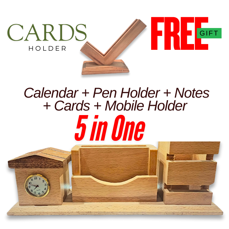 Wooden Table Clock Multitasker - Pen Holder, Mobile Stand & Card Organizer & Free Card Holder| Your Desk’s Swiss Army Knife (Minus the Pocketknife Drama) ⏰✨ No More Boring Desks!