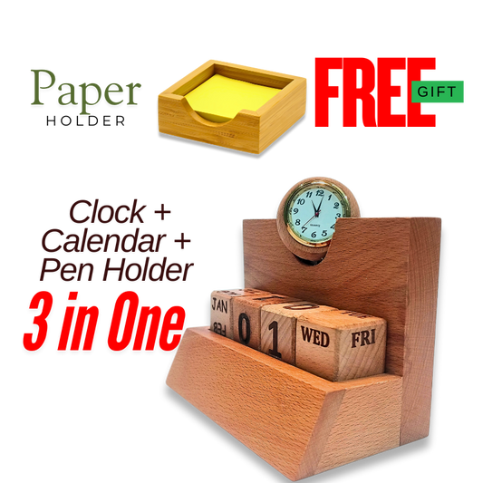 Wooden Forever Calendar Pen Stand - Plus Free Paper Holder - Your Desk’s Time-Traveling Sidekick 📅✒️ | Never Miss a Date (or Lose a Pen Again) | Eco-Friendly Chaos Tamer!