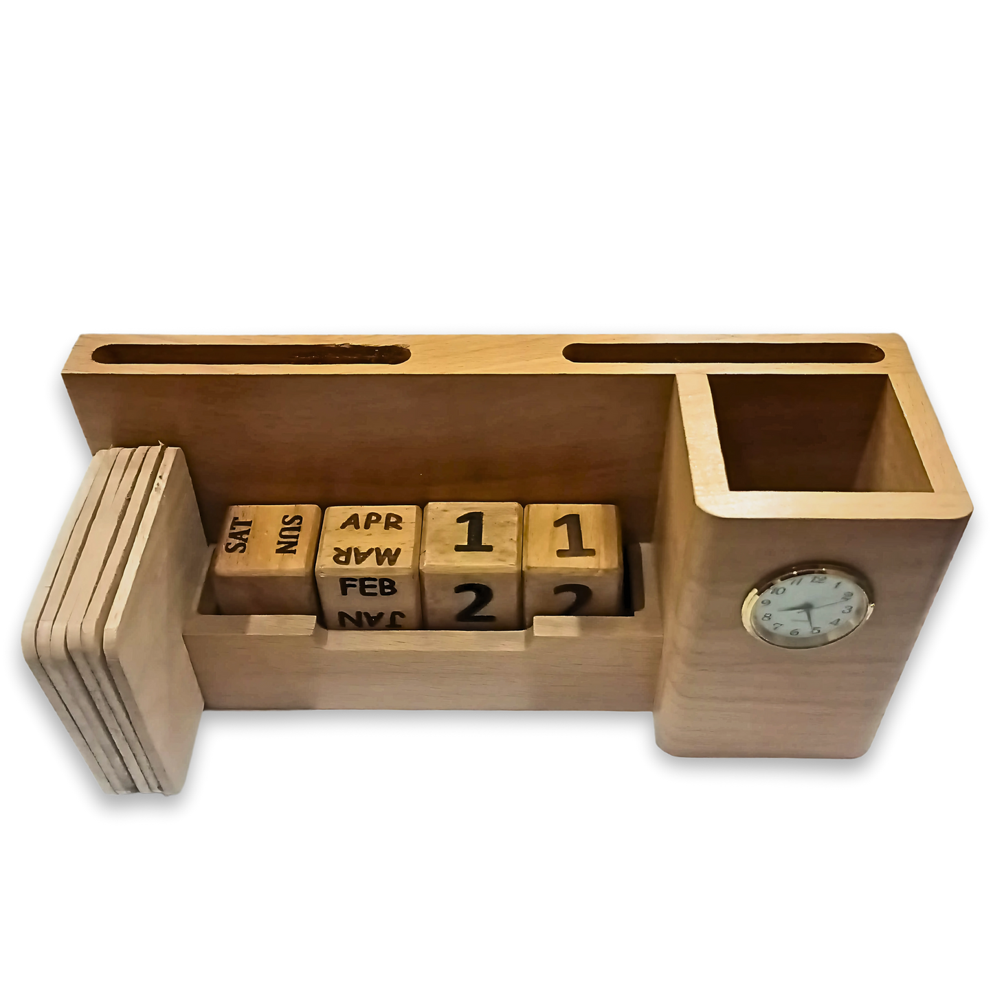 6-in-1 Wooden Table Organizer - Forever Calendar, Clock & Pen Holder Plus Free Visiting Card Holder | Your Desk’s Overachieving BFF (Holds Cards, Phones & Tea Too!) ☕⏳ No More ‘Where’s My…?’ Moments!